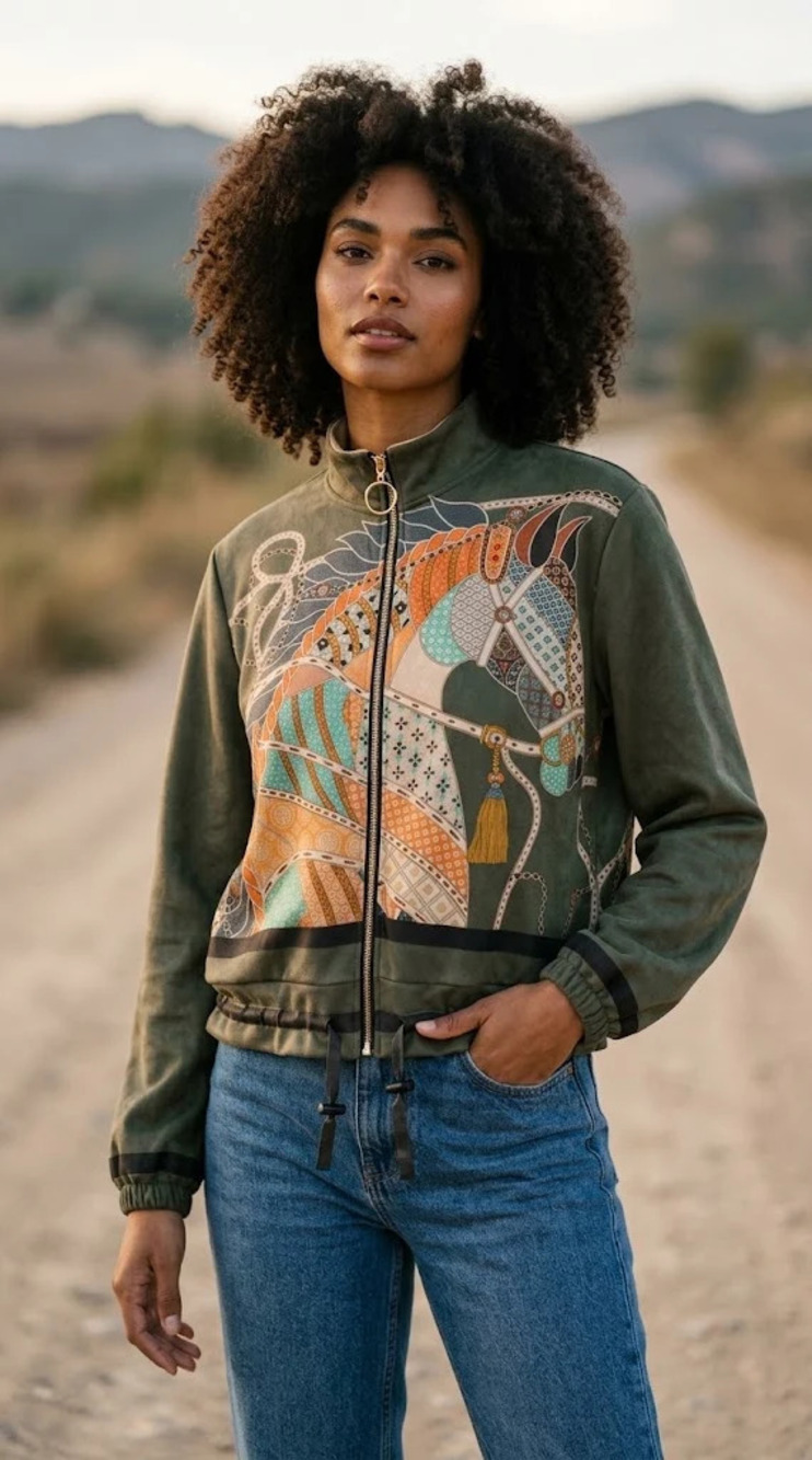 L1299 A | Loowie Equestrian Print Bomber Jacket | Olive | One Size
